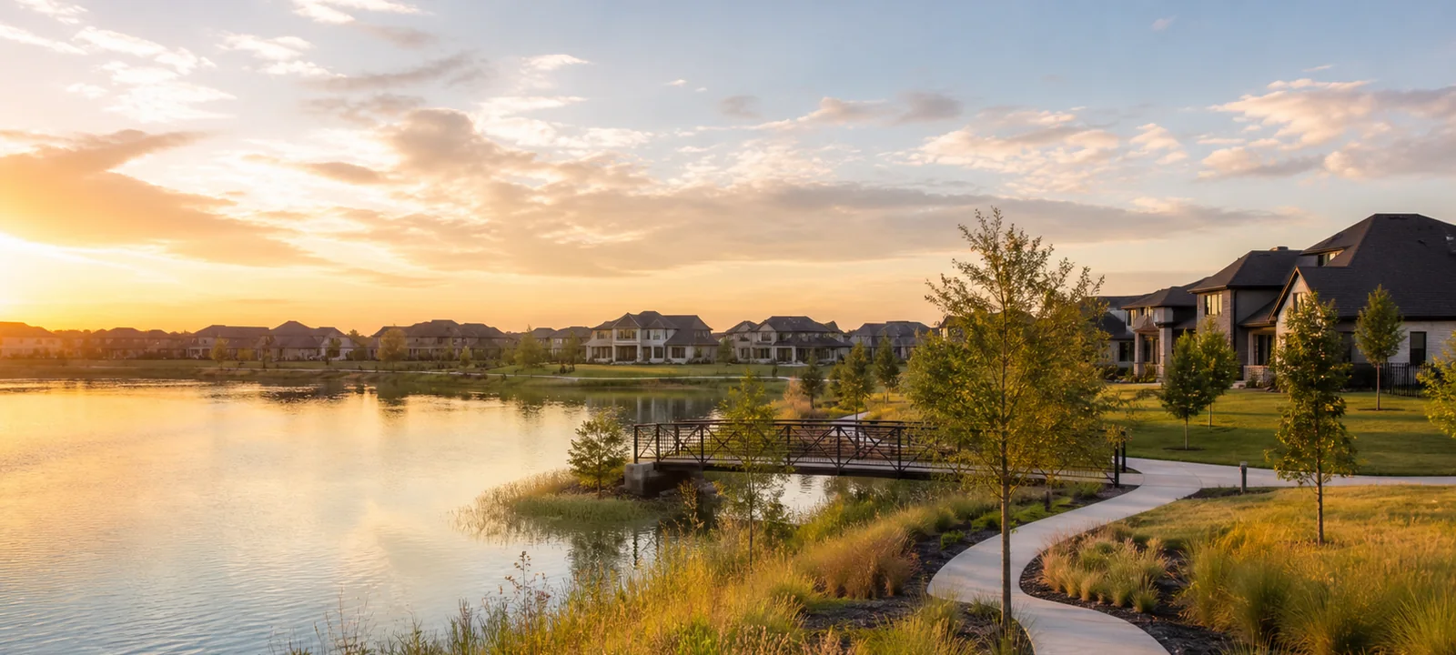 New homes around a lake and walking trail in a Houston area master planned community