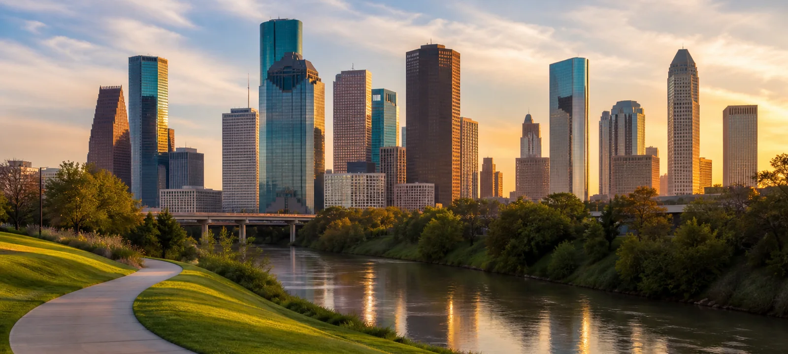 Downtown Houston skyline above Buffalo Bayou at sunset