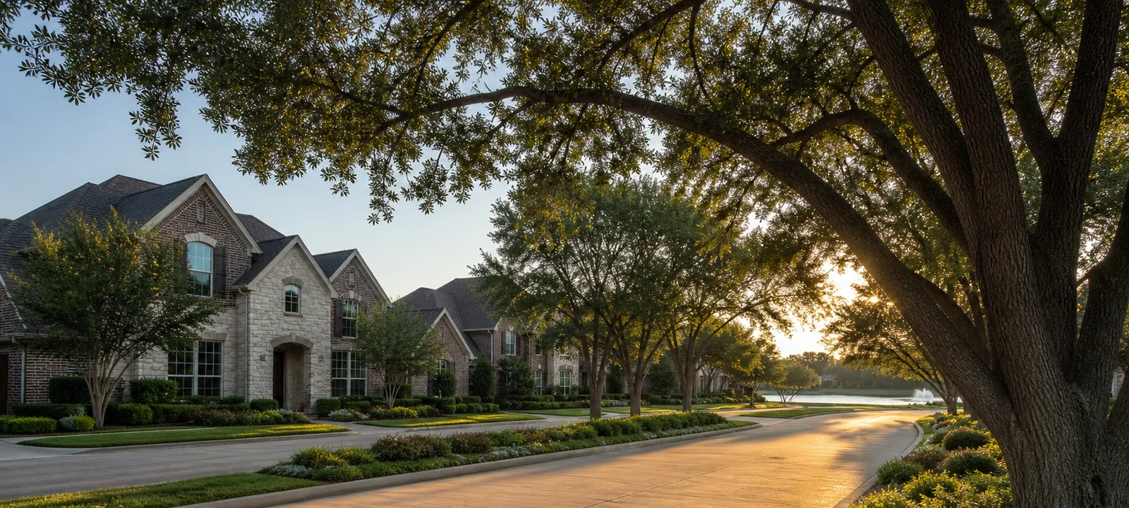 Two story brick and stone homes on a tree lined street in the Houston suburbs