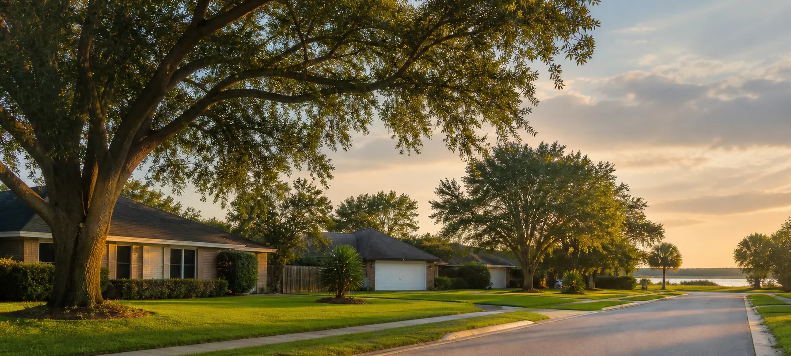 Brick ranch homes on a quiet street near open water on the Texas Gulf Coast